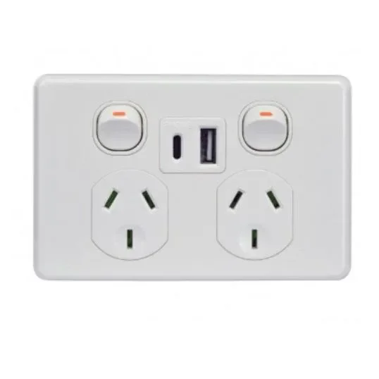 GSME Dual USB Charger Outlet Flush Mount Standard Fully Integrated GPO Type A and C 2 Gang 10A 240V Horizontal White | PUPP2USB2GAC