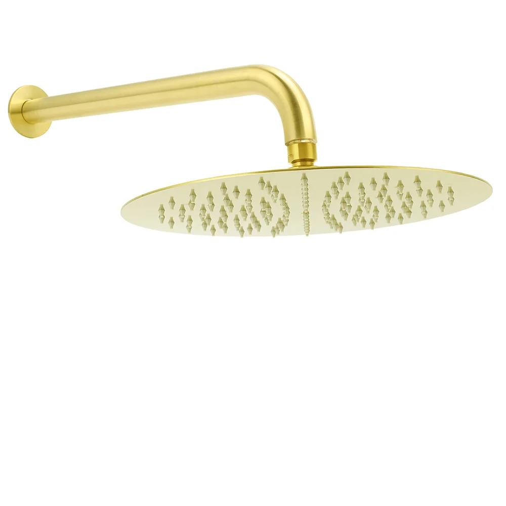 PVD Brushed Gold 12" Shower Rain Head 355mm Straight Wall Mount Arm Bathroom Set