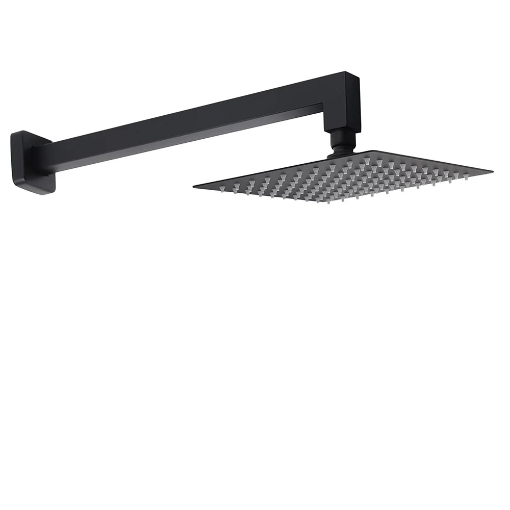 Matt Black Square 8" Rainfall Shower Head & 400mm Brass Straight Wall Mount Arm Set