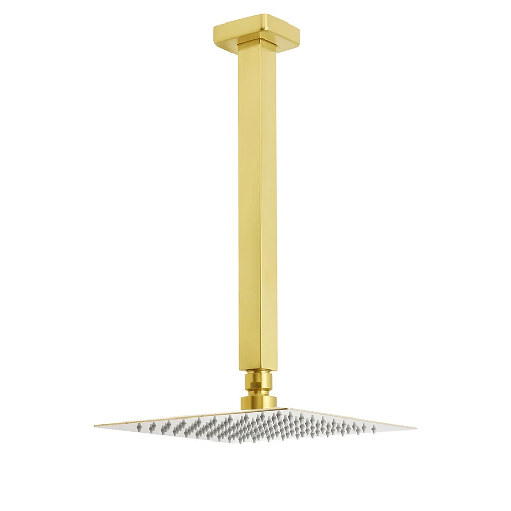 WELS Brushed Gold Square 8" Rain Shower Head 300mm Brass Ceiling Dropper Arm Set