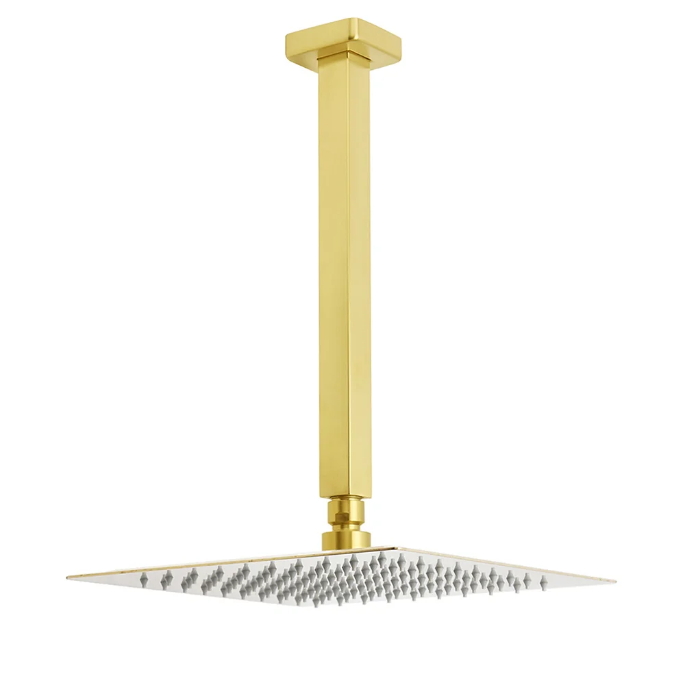 Brushed Gold Square 10" Rainfall Shower Head 30cm Ceiling Dropper Extension Arm Set