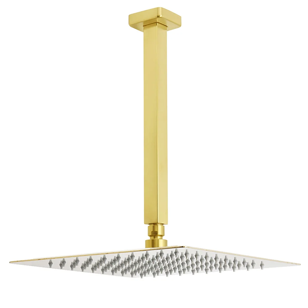 Brushed Gold Square 12" Rainfall Shower Head 30cm Ceiling Dropper Extension Arm Set