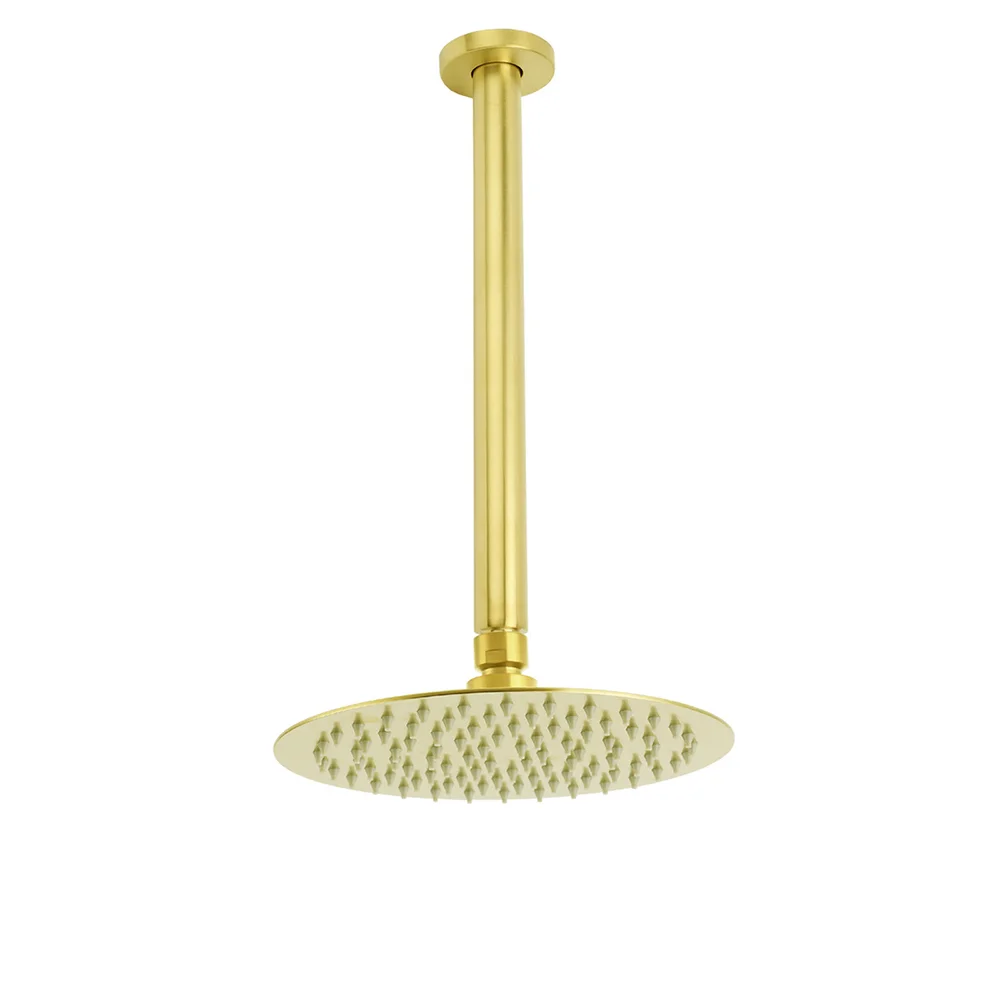 Brushed Gold 8" Round Thin Shower Rain Head 300mm Ceiling Dropper Arm Bath Set