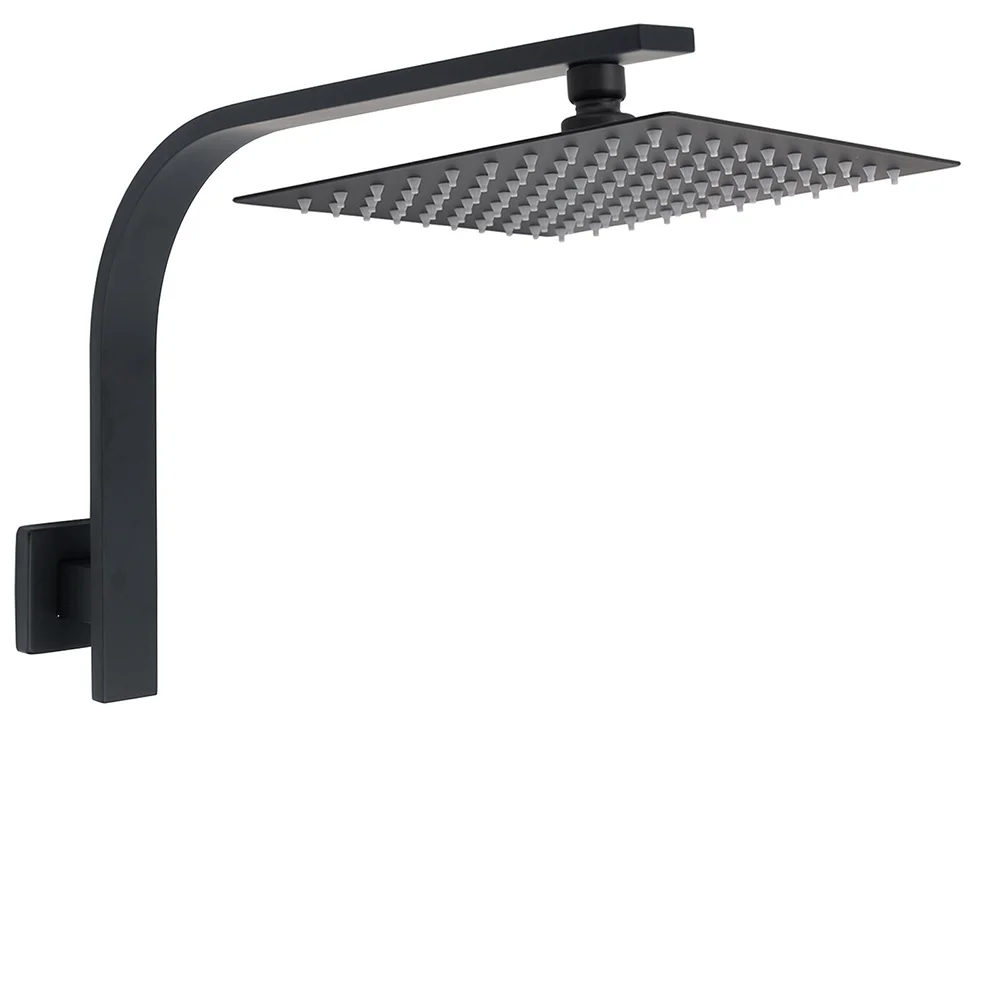 WELS Matt Black 10" Square Thin Rain Shower Head Brass Gooseneck Wall Arm Set
