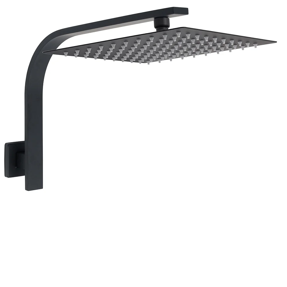Matt Black 12" Square Large Thin Rain Shower Head Brass Gooseneck Wall Arm Watermark