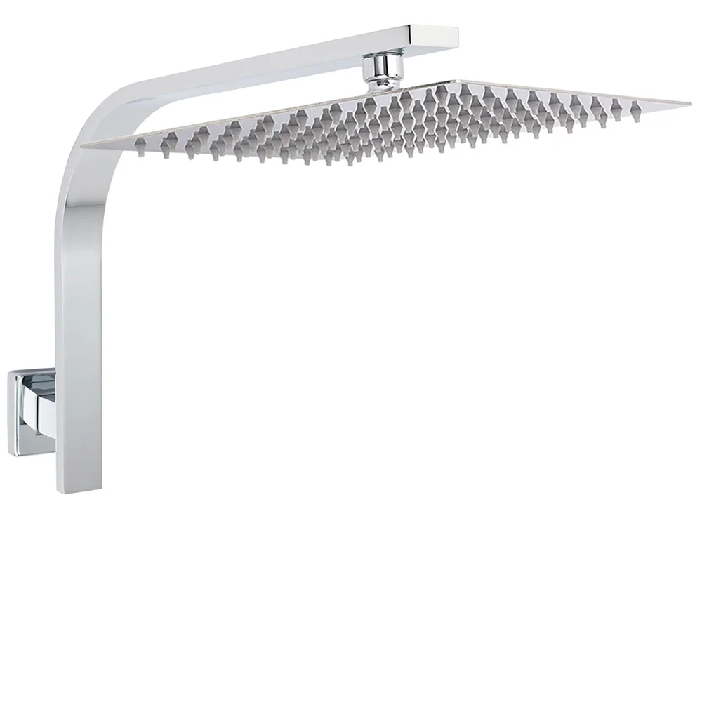 Chrome Square 12" Large Rainfall Shower Head Rose Brass Gooseneck Wall Arm Set
