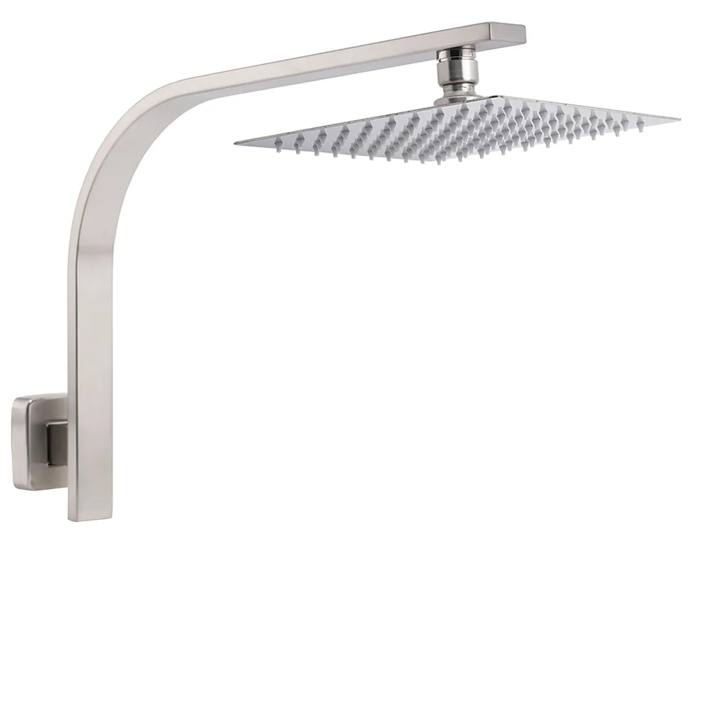 Brushed Nickel Silver Square 8" Rain Shower Head & Brass Gooseneck Wall Arm Set