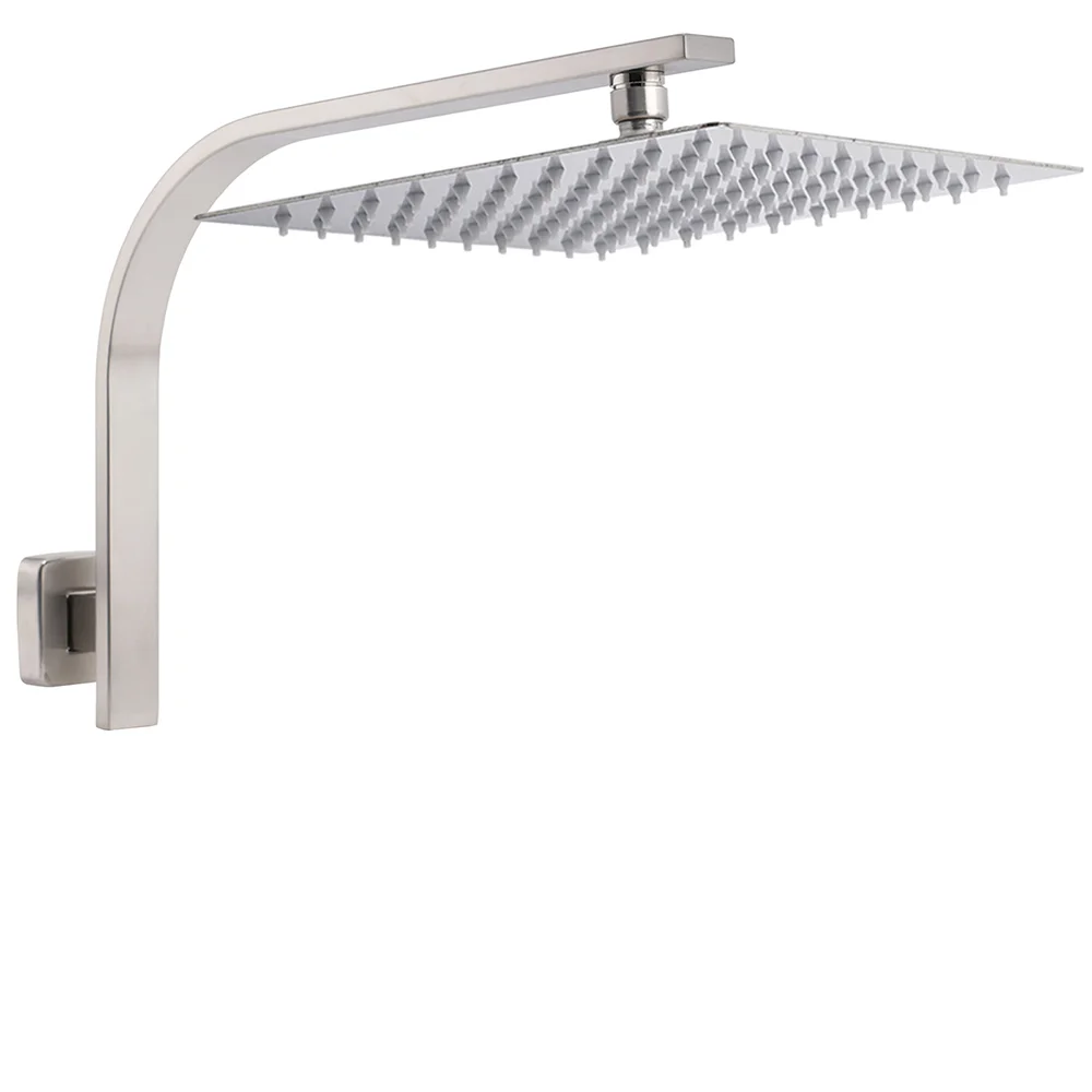 Brushed Nickel Silver Square 12" Rain Shower Head & Brass Gooseneck Wall Arm Set