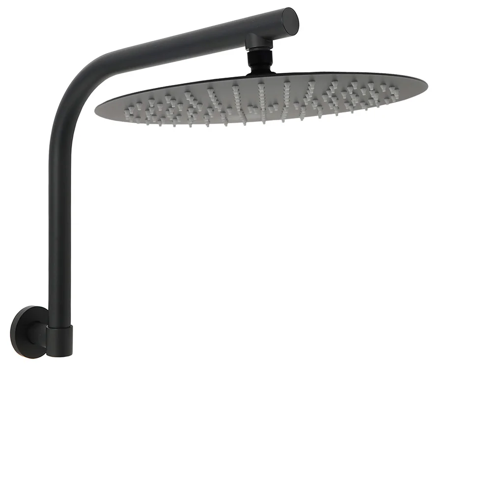WELS Matt Black 12" Large Round Rain Shower Head & Gooseneck Swivel Wall Arm Set