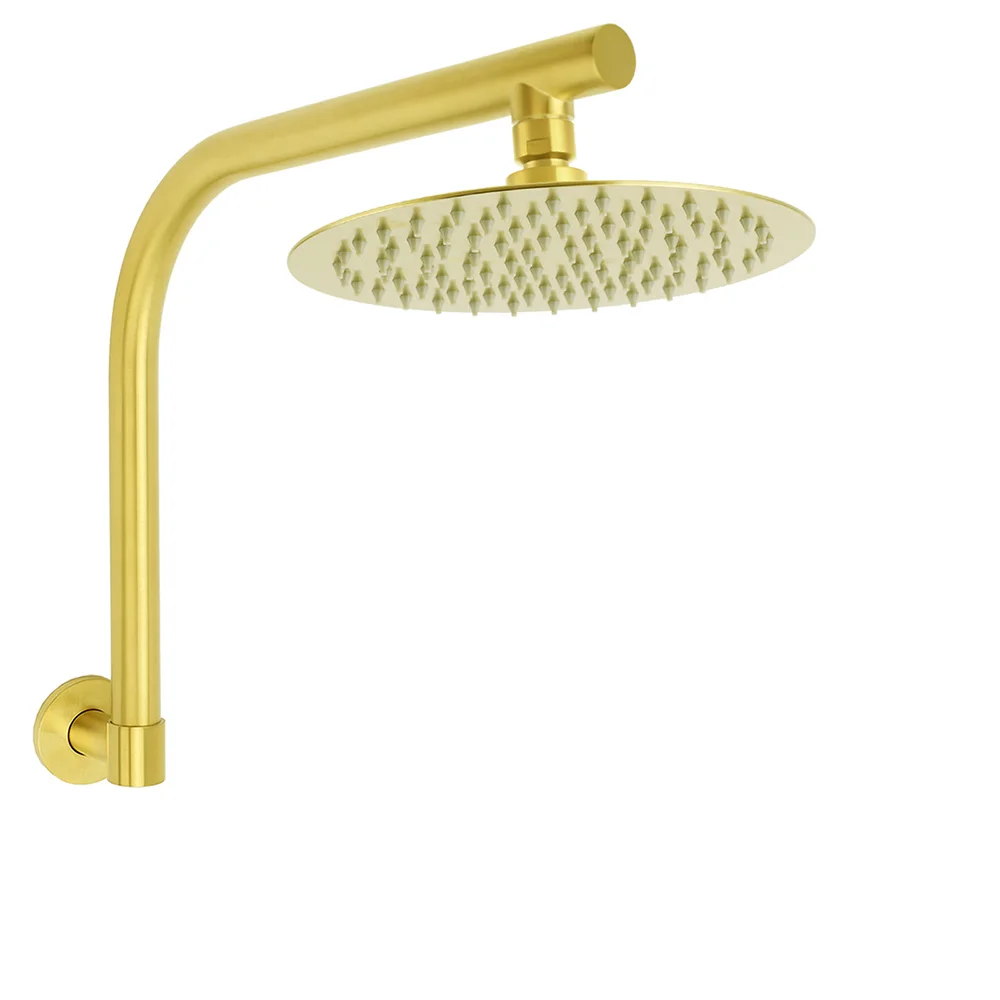 WELS Brushed Gold 8" Round Shower Head Brass 360º Swivel Gooseneck Wall Arm Set