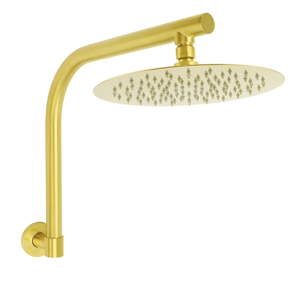 Brushed Gold Round 10 Inch Rain Shower Head Swivel Brass Gooseneck Wall Arm Set