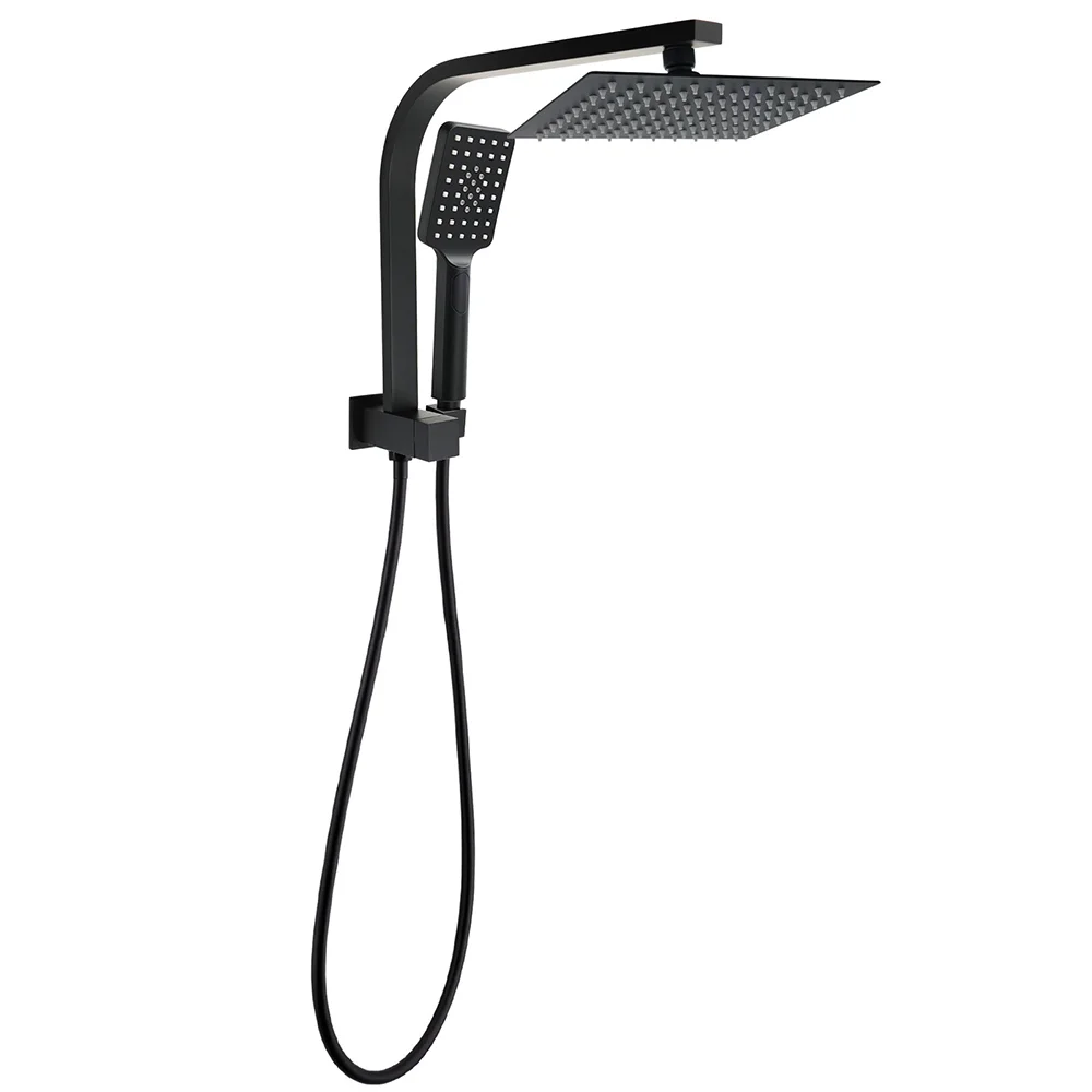 Matt Black 8" SUS Shower Head 3 Modes Handheld Gooseneck Arm Square 2in1 Set