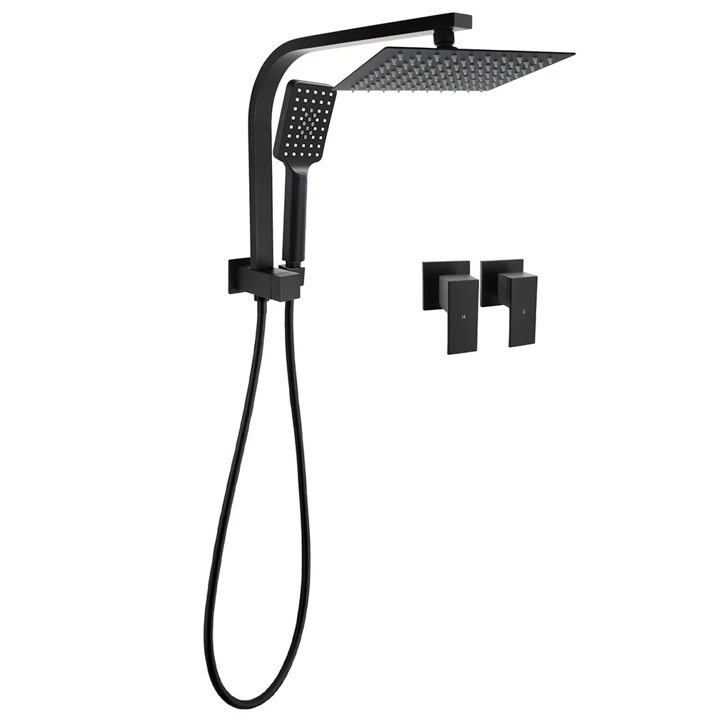 WELS Matt Black 8" Shower Head 3 Modes Handheld Gooseneck Arm Square 2in1 Set Twin Taps