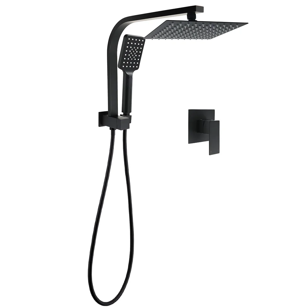 WELS Matt Black 8" Shower Head 3 Modes Handheld Gooseneck Arm Square 2in1 Set Mixer