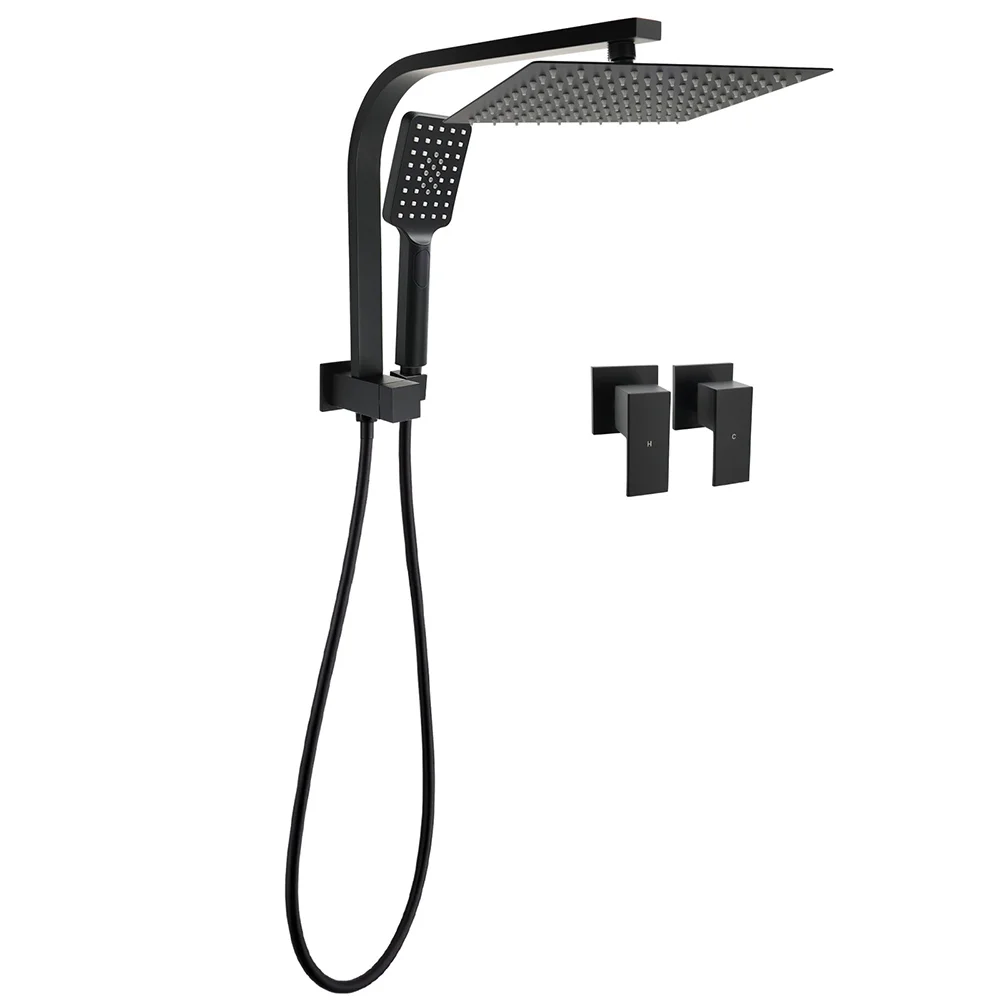 WELS Matt Black Square 10" Shower Head 3 Modes Handheld Gooseneck Arm Twin Taps Set