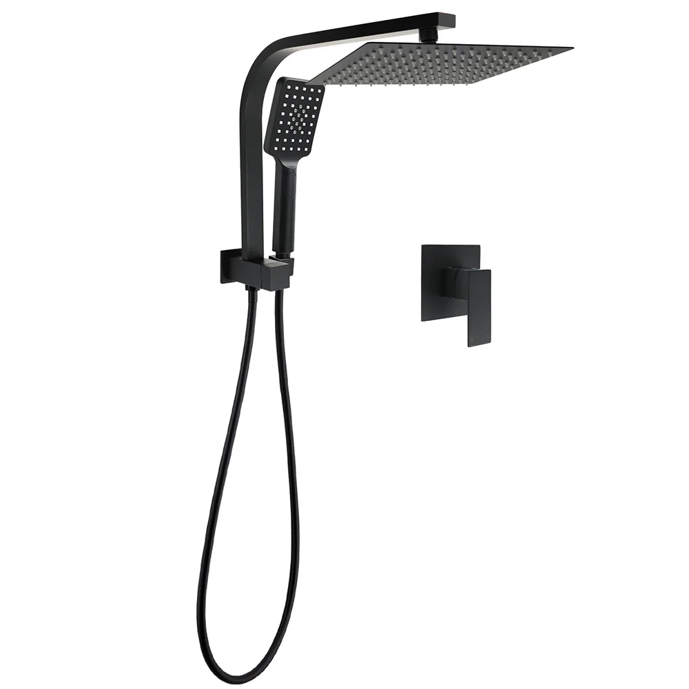 Matt Black Square 10" Thin Shower Head 3 Modes Handheld Gooseneck Arm Twin Set + Mixer