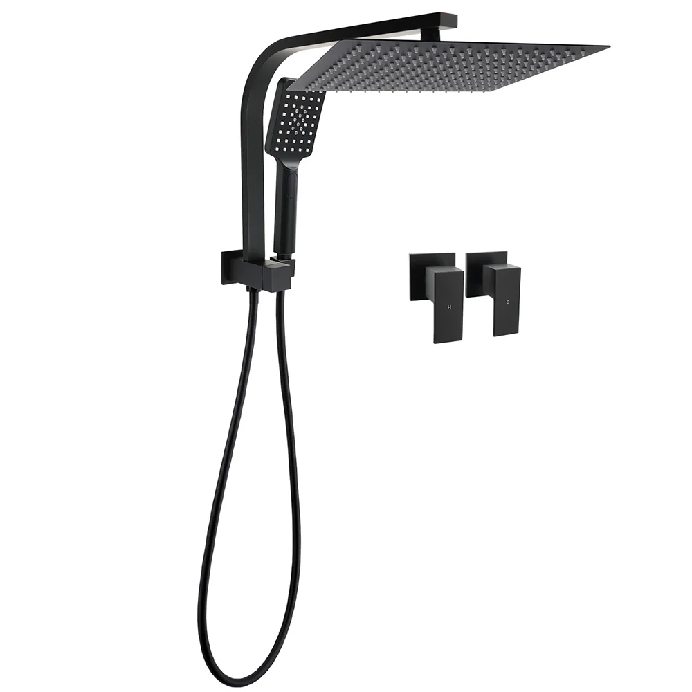 Matt Black Twin Set 12" Large Shower Head 3 Modes Handheld Gooseneck Arm Wall Taps