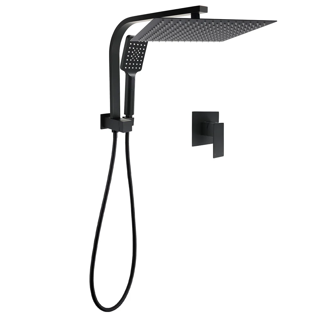 Matt Black Twin Set 12" Large Shower Head 3 Modes Handheld Gooseneck Arm Wall Mixer