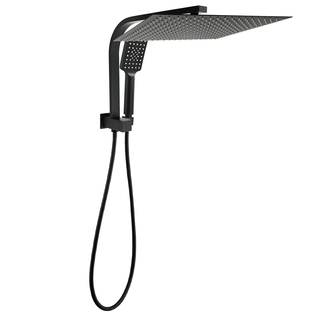 WELS Matt Black Dual Set 16" Extra Large Shower Head 3 Modes Handheld Gooseneck Arm Diverter
