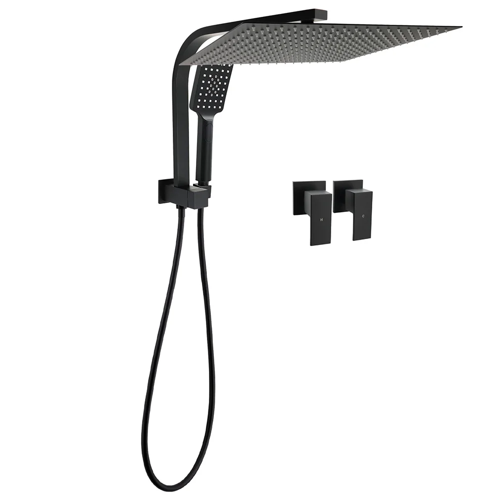 Matt Black 2in1 Set 16" Large Shower Head 3 Modes Handheld Gooseneck Arm Twin Taps Set