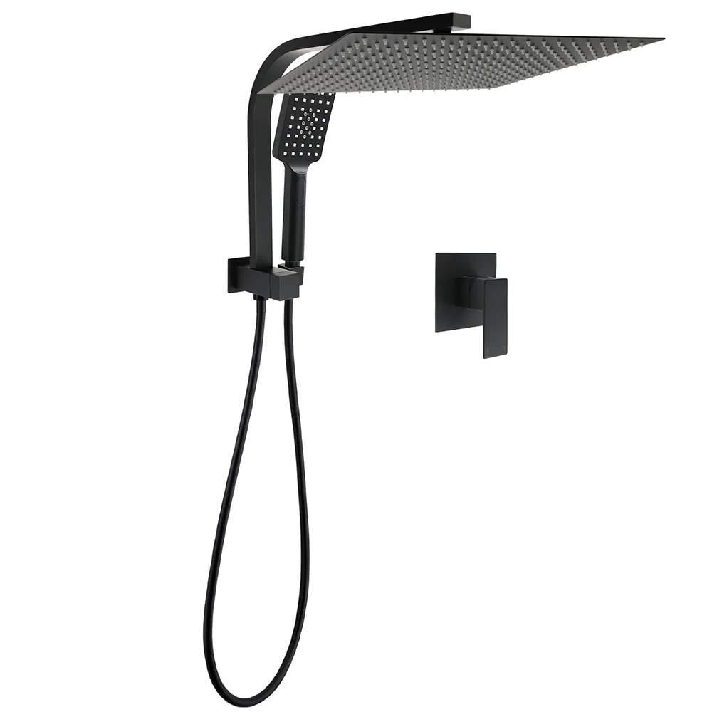 Matt Black Twin Set 16" Extra Large Shower Head 3 Modes Handheld Gooseneck Arm Wall Mixer
