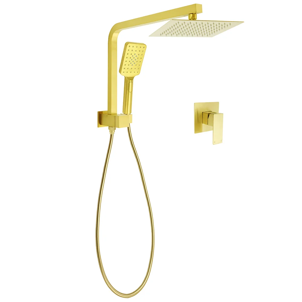 WELS Brushed Gold Twin Shower 8" Rain Head Handheld Diverter Wall Arm Square Mixer