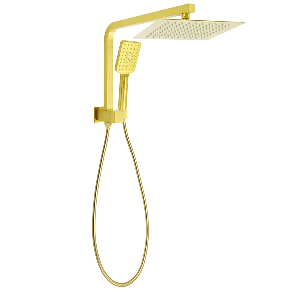 Brushed Gold Twin Shower 10" Rain Head Handheld Diverter Wall Arm Set Square