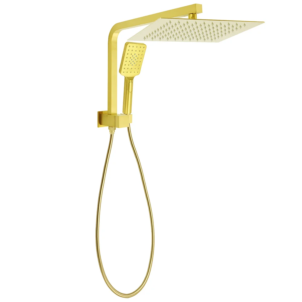 Brushed Gold Twin Shower 12" Rainfall Head Handheld Diverter Wall Arm Set Square