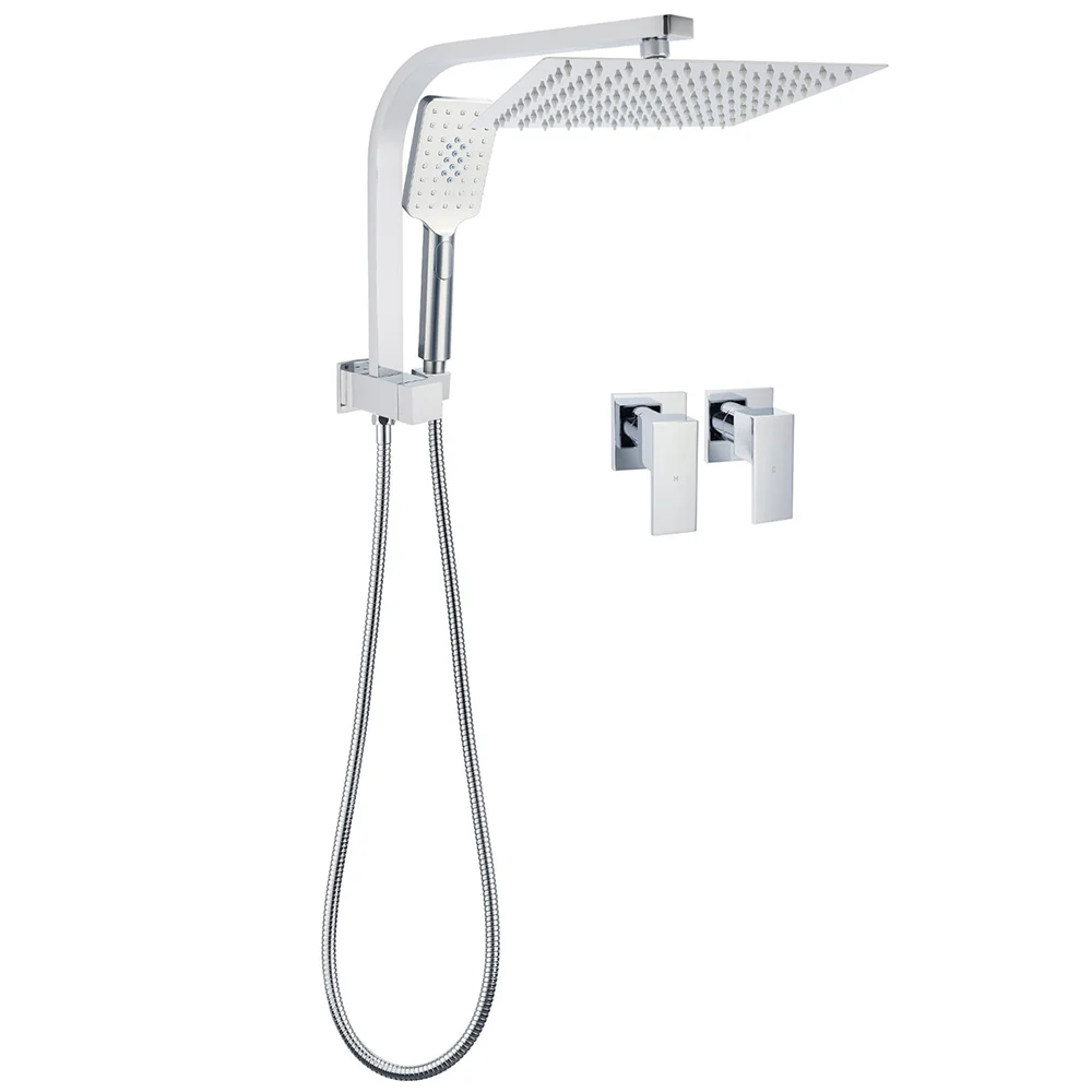 WELS Chrome 2in1 10" Square Rain Shower Head Handheld Spray Diverter Wall Arm Taps Set