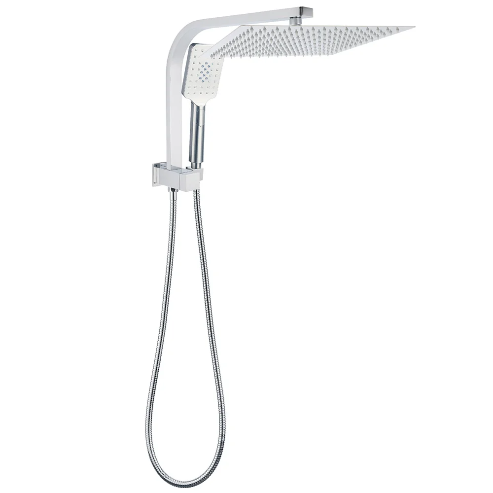 WELS Square Twin Shower Head Chrome 12 inch 3 Mode Handheld Diverter Wall Arm Set