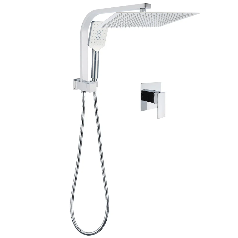 WELS Square Chrome 12" Shower Head 3 Mode Handheld Diverter Wall Arm 2in1 Set + Mixer