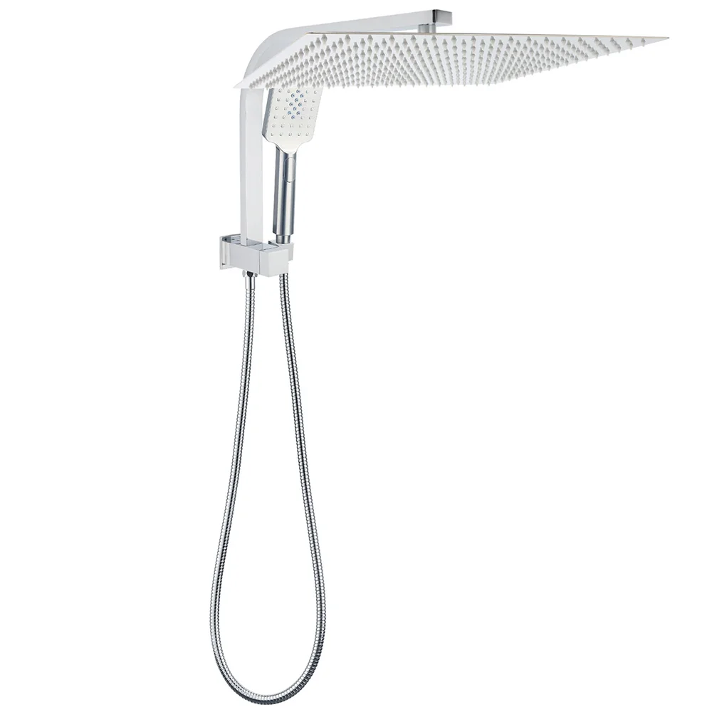 WELS Square Twin Shower Head Chrome 16" Large 3 Mode Handheld Diverter Wall Arm Set