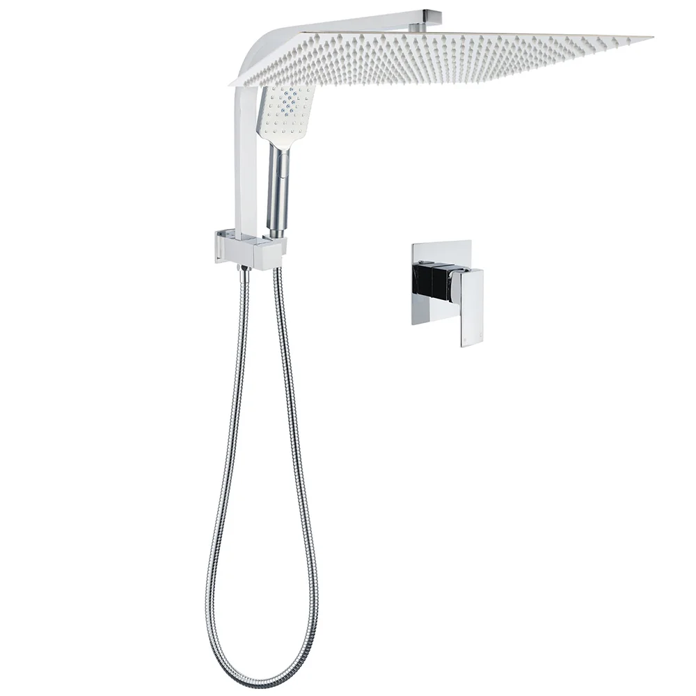 WELS Square Chrome 16" Large Shower Head 3 Mode Handheld Diverter Wall Arm 2in1 Set + Mixer