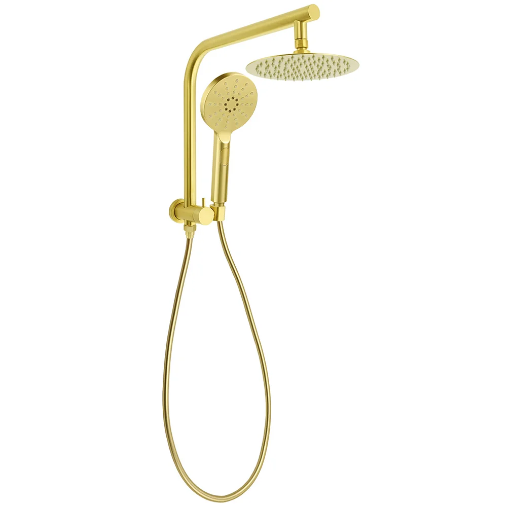 WELS Brushed Gold Round Twin 8" Shower Head Set Diverter Wall Arm Single Mode Handheld