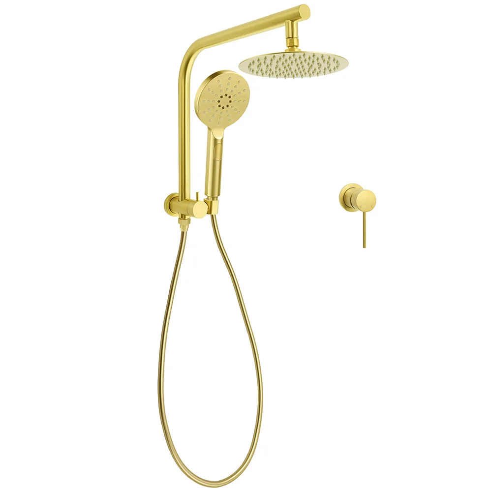 Brushed Gold Round 2in1 8" Shower Head Set Diverter Wall Arm Stainless Steel Handheld Small Face Mixer