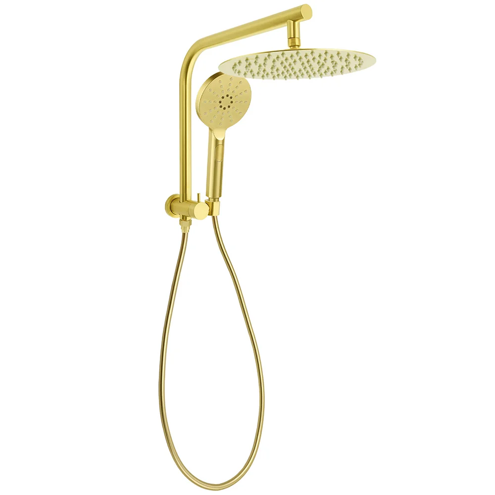 Brushed Gold Round 12" Rain Shower Head 3 Mode Handheld Diverter Wall Arm Set