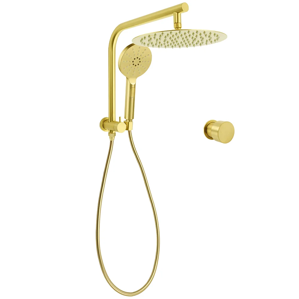 Brushed Gold 2in1 Round 12" Rain Shower Head 3 Mode Handheld Diverter Wall Arm Mixer Set