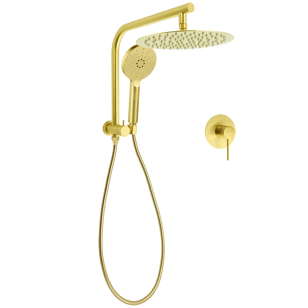 Brushed Gold Round Large 12" Rain Shower Head 3 Mode Handheld Wall Arm Mixer Set