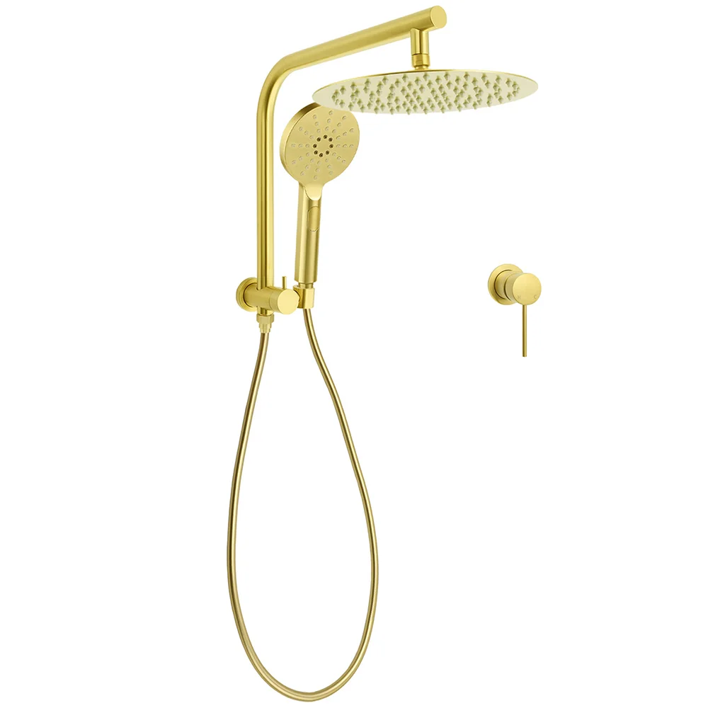 WELS Brushed Gold 2in1 Set Round Large 12" Rain Shower Head 3 Mode Handheld Wall Arm Small Face Mixer