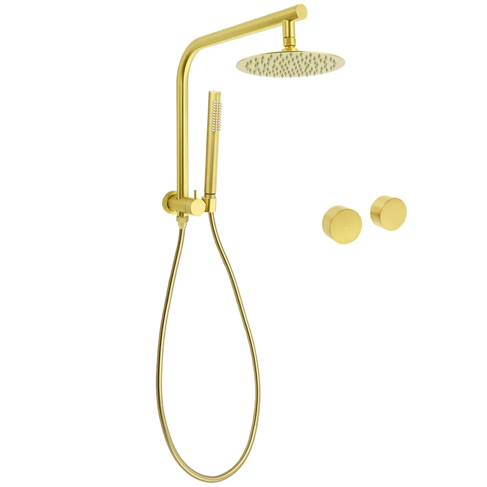 WELS Brushed Gold Round 2in1 Shower Head Set Ergonomic Handheld Gooseneck Arm Twin Taps