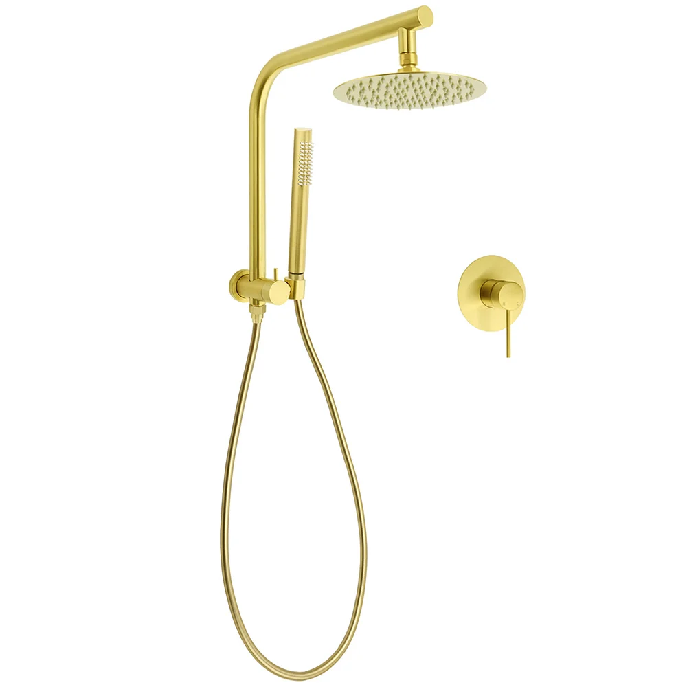WELS Brushed Gold Round Twin Shower Head Set Diverter Wall Arm Single Mode Handheld Wall Mixer