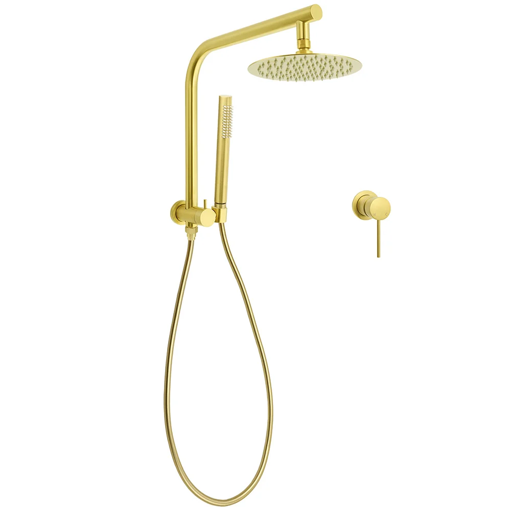 WELS Brushed Gold Round Dual Shower Head Set Diverter Wall Arm Single Mode Handheld Small Face Mixer