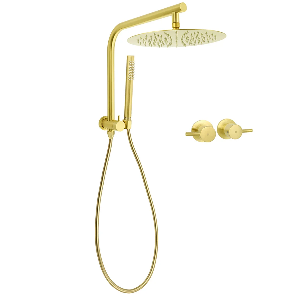 Brushed Gold Round Large 12" Rain Shower Head One Spray Handheld Rose Gooseneck Arm Twin Taps Set