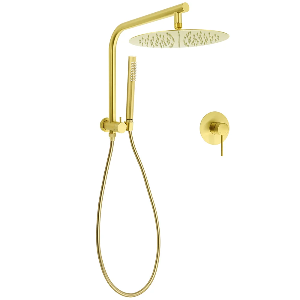 Brushed Gold Round Large 12" Rain Shower Head Stainless Steel Spray Handheld Wall Arm Mixer Set
