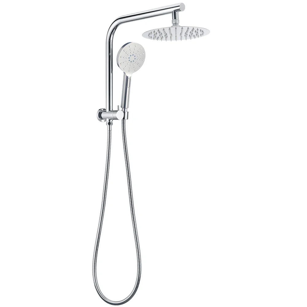 WELS 2in1 Shower 8" Round Chrome Head 3 Mode Handheld Rose Gooseneck Arm Set