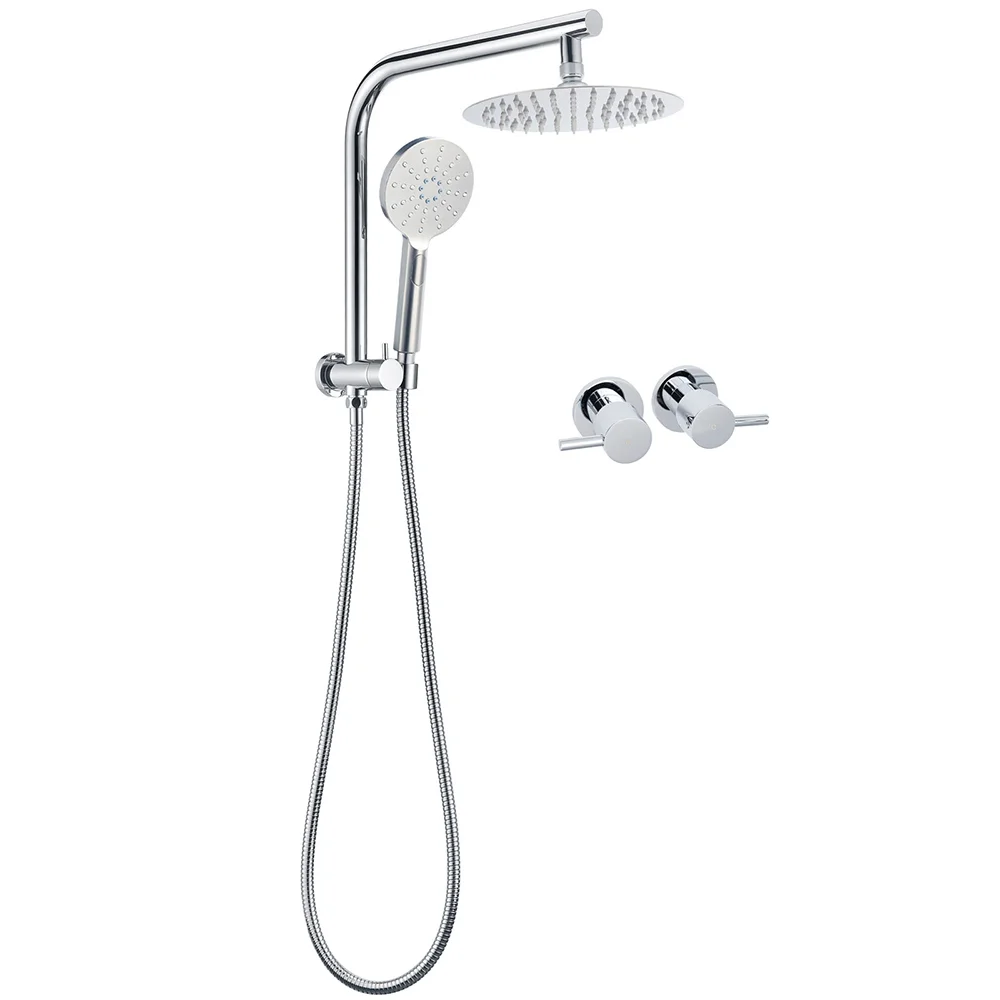 WELS Twin Shower 8" Round Chrome Head 3 Mode Handheld Rose Gooseneck Arm Taps Set