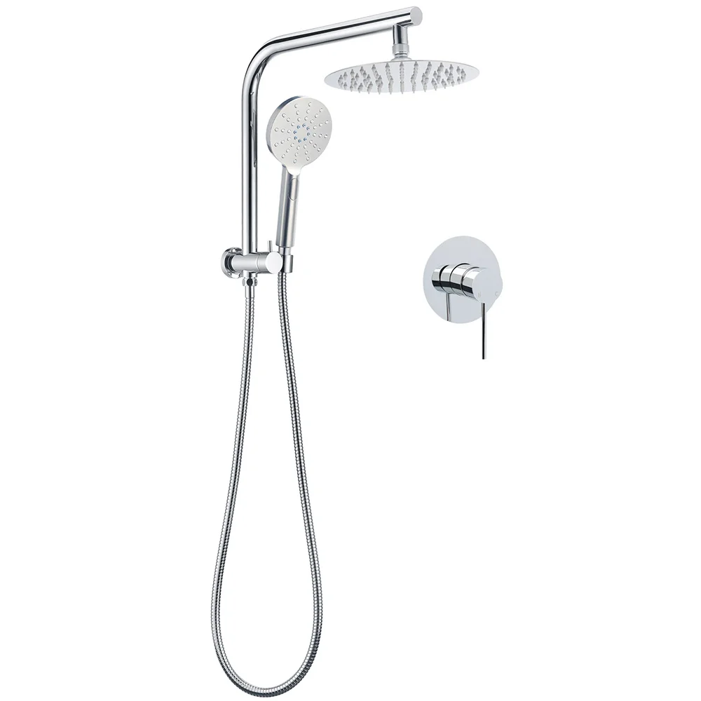 WELS Twin Shower 8" Round Chrome Head 3 Mode Handheld Rose Gooseneck Arm Mixer Set
