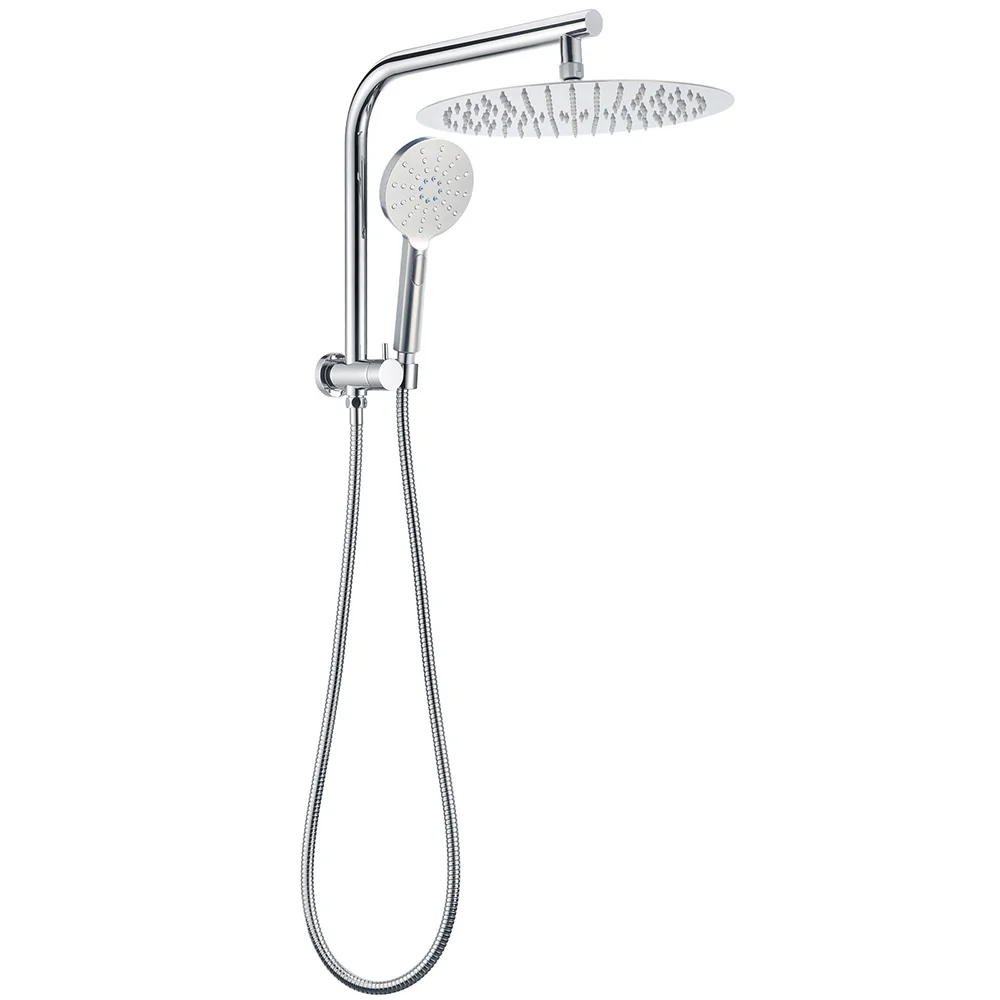 Chrome 2in1 Round Shower Head Set 12" Rainfall & 3 Mode Handheld Gooseneck Arm