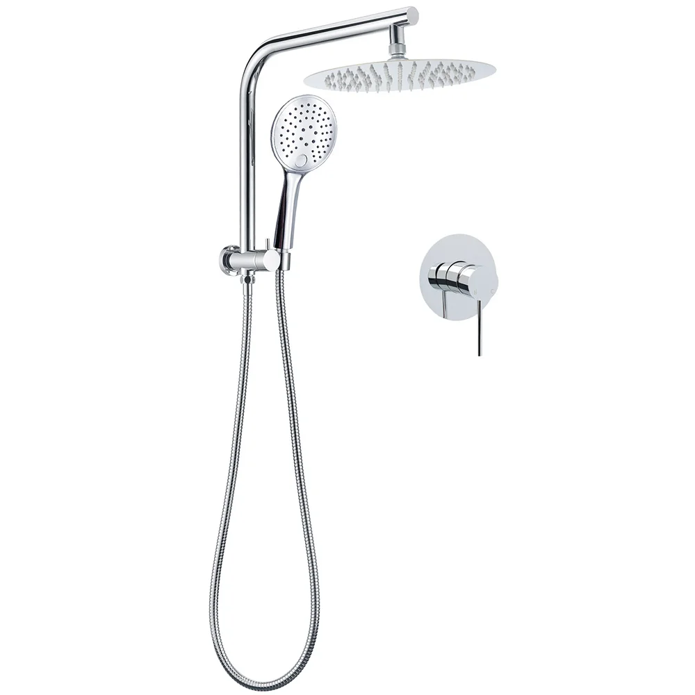 WELS Round Chrome 10" Twin Shower Head 3 Mode Handheld Gooseneck Wall Arm Mixer Set