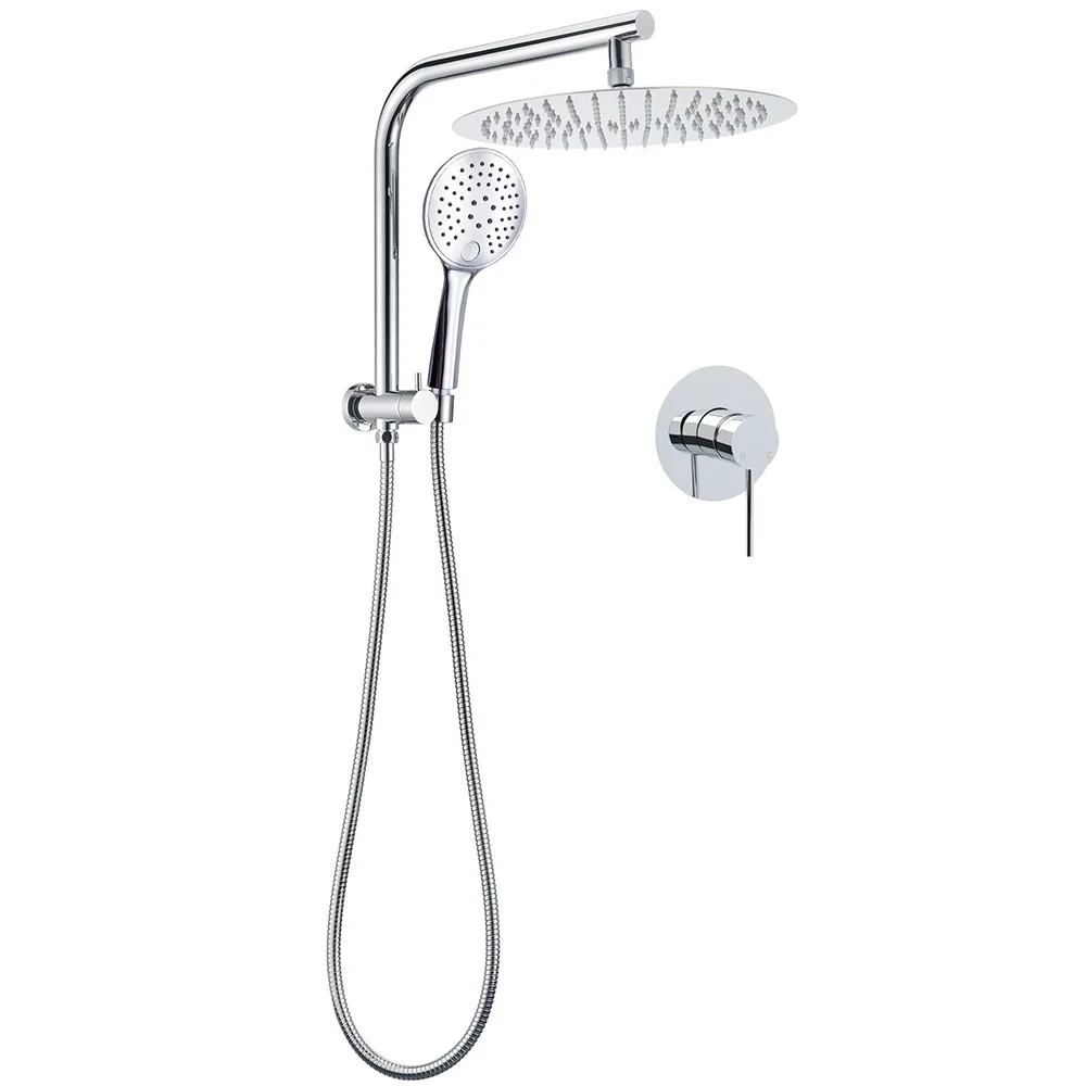 WELS 2in1 Round 12" Shower Head 3 Mode Handheld Drill Free Gooseneck Arm Diverter Set + Mixer